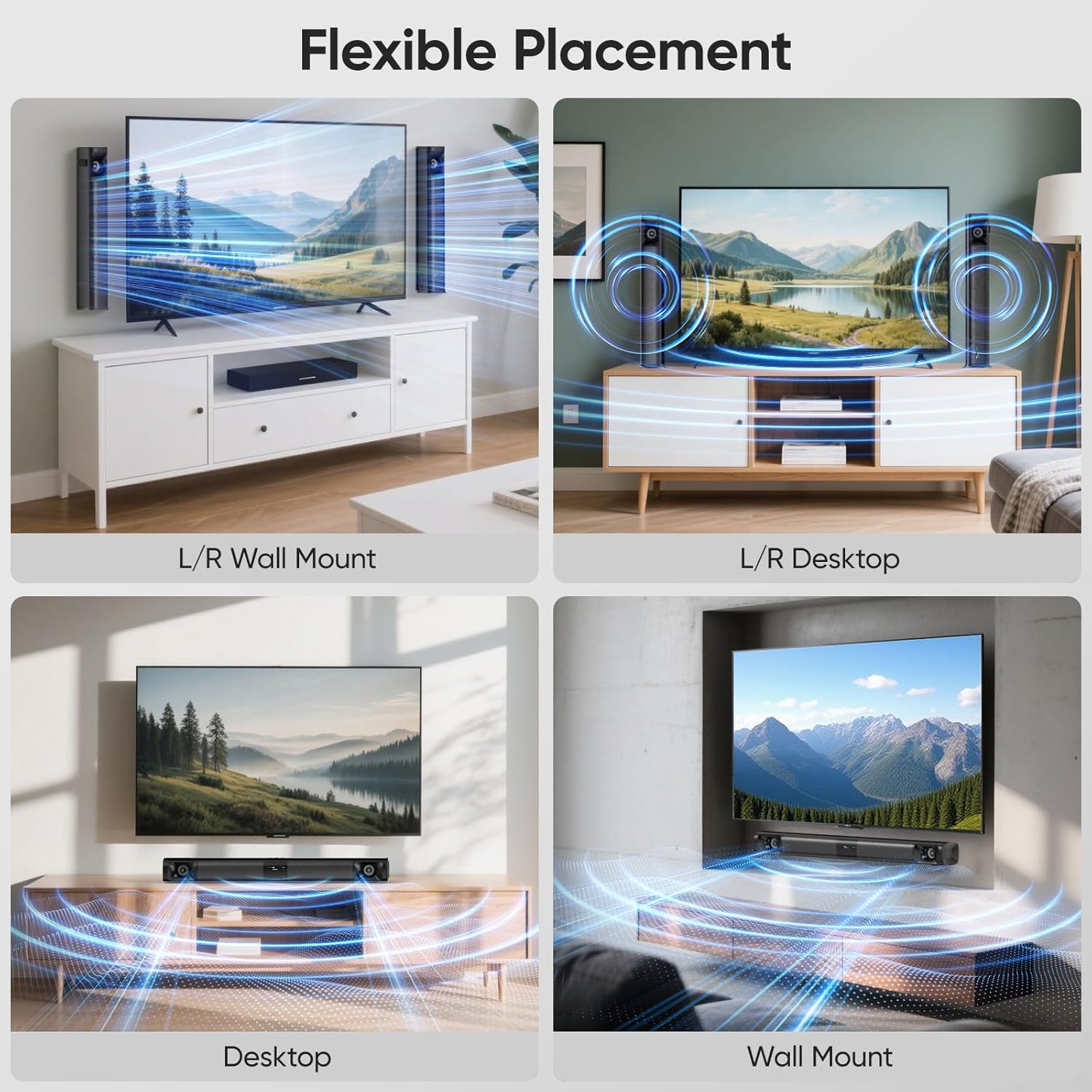 Sound Bar for Smart TV, 80W Soundbar with Four Woofers, Dual Horn Tweeters, 2.0 Channel TV Speaker, 2 in 1 Detachable Design, BT/ARC/AUX/Optical Connection, Surround Sound System for TV